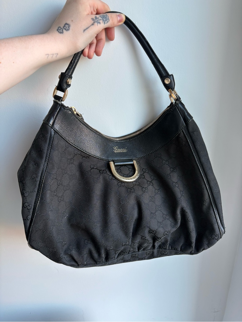 Gucci Black GG Canvas Shoulder Bag with Gold Accent